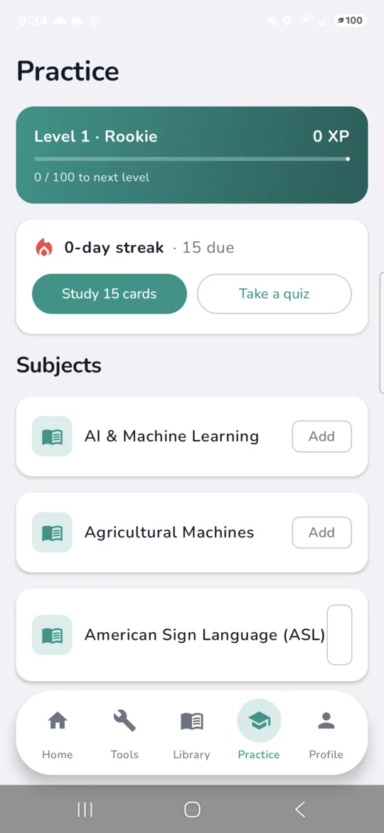 LivePhysics practice screen with level, streak, and flashcard study buttons