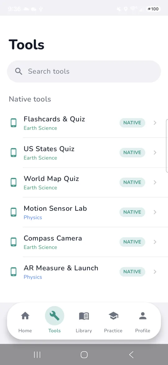 LivePhysics tools list showing native tools such as the Motion Sensor Lab and AR Measure