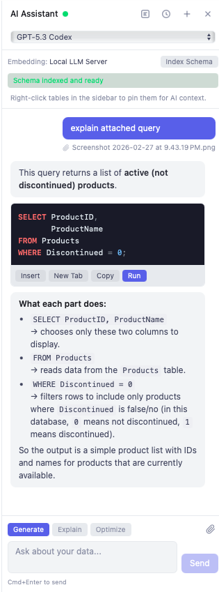 AI Chat with file attachments. Share screenshots, SQL files, and CSVs for context
