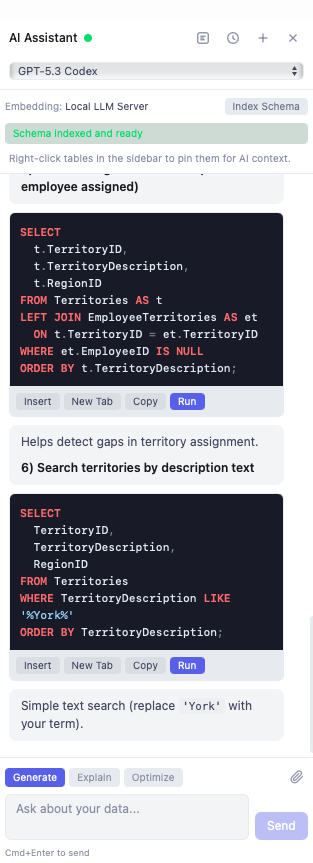 AI Assistant generating SQL queries with schema-aware context and actionable buttons