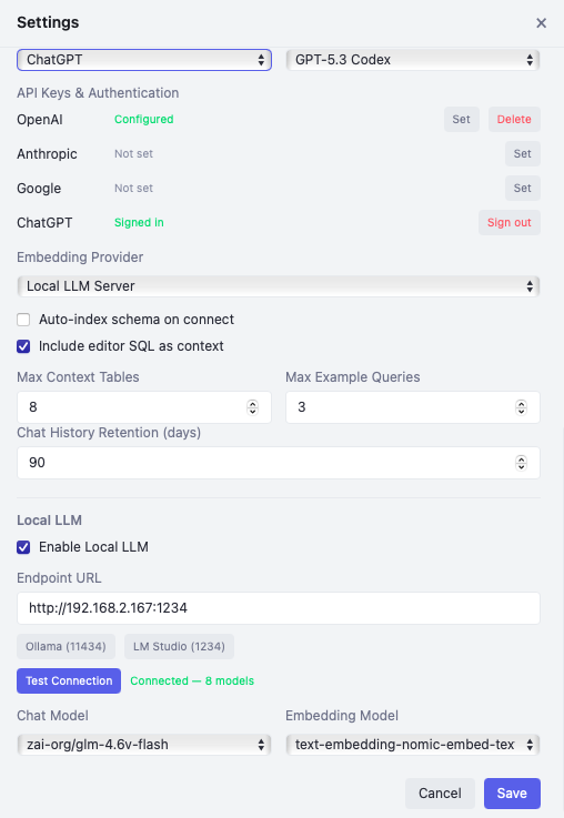Local LLM configuration with Ollama or LM Studio endpoint, test connection, and model selection