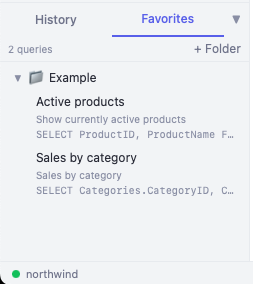 Favorites panel with folder organization for saved queries
