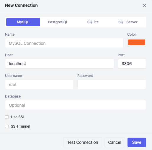 New MySQL connection form with host, port, SSL, and SSH tunnel options
