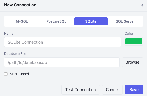 New SQLite connection. Just browse to a database file