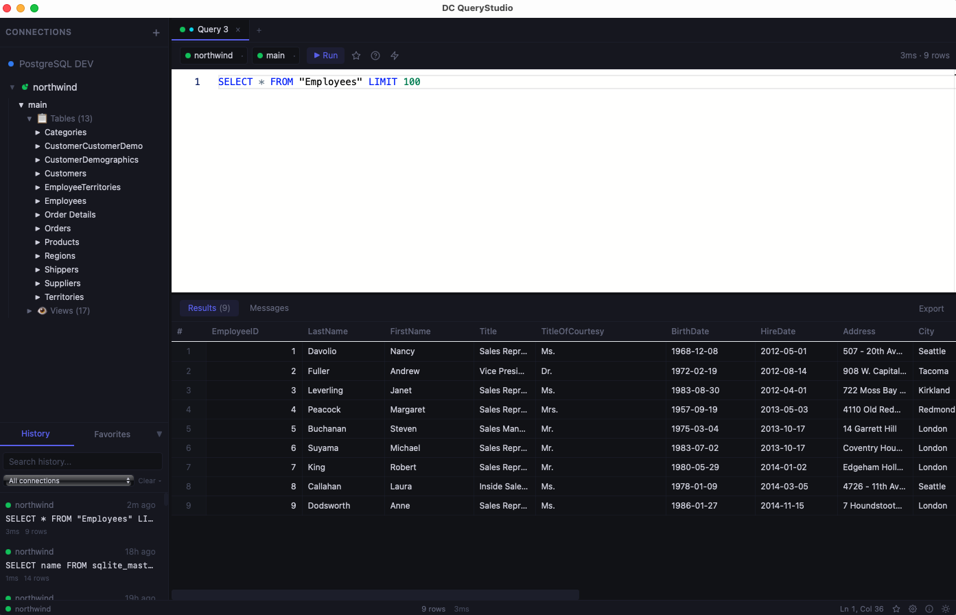 Dark theme with results grid showing employee data from a PostgreSQL database