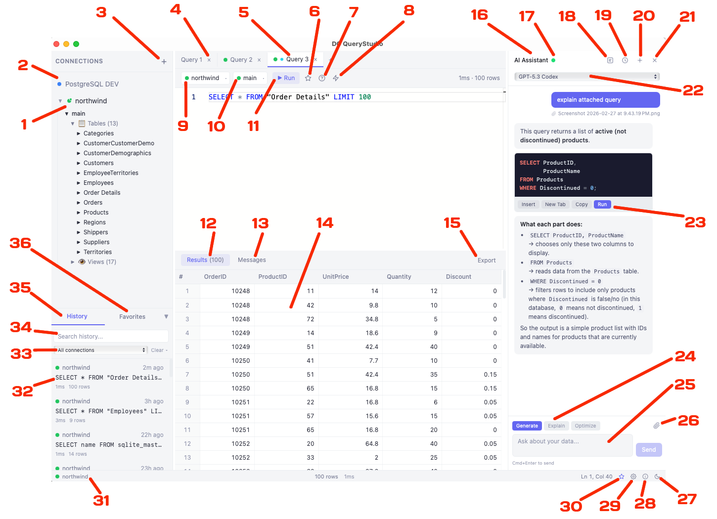 DC QueryStudio interface with numbered annotations